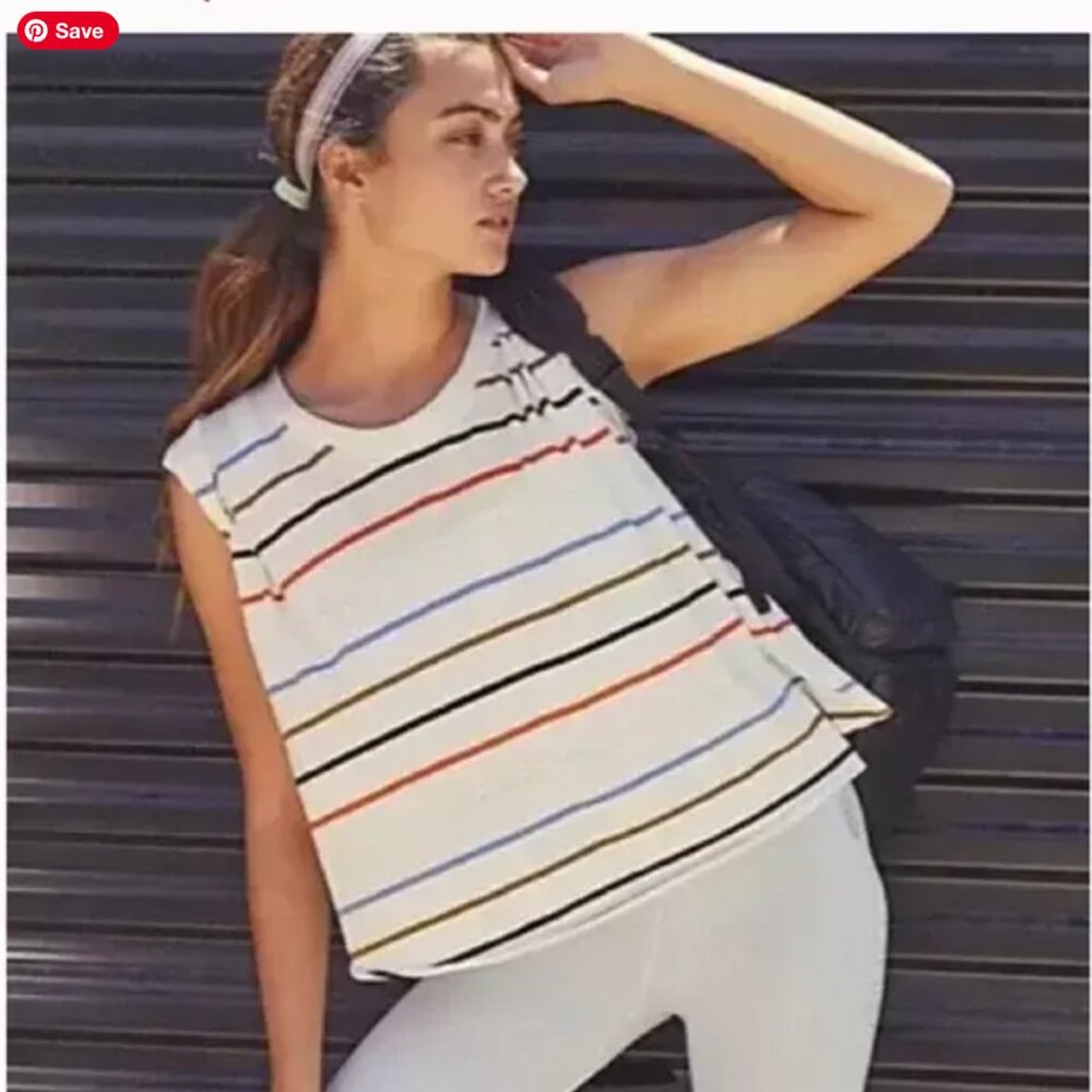 Free People L Rising Tide Printed Tee Ivory Combo White T-Shirt Crop Top Stripes